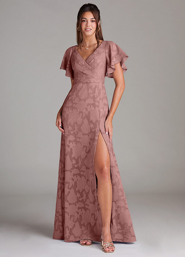 Azazie Ambrosia Robes Demoiselle d'honneur Robe Trapèze en Blumen-Burnout Plissée Rose Poussiéreuse image1
