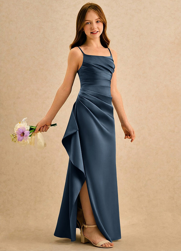 Azazie Cannoli Girls Formal Blomsterpigekjoler A-Line Plisseret Mat satin Gulv-længde Kjole image1