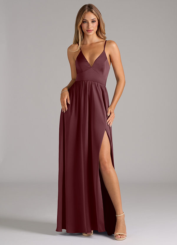 Azazie Aaida Bridesmaid Dresses Sangria A-Line Corset Stretch Satin Dress image1