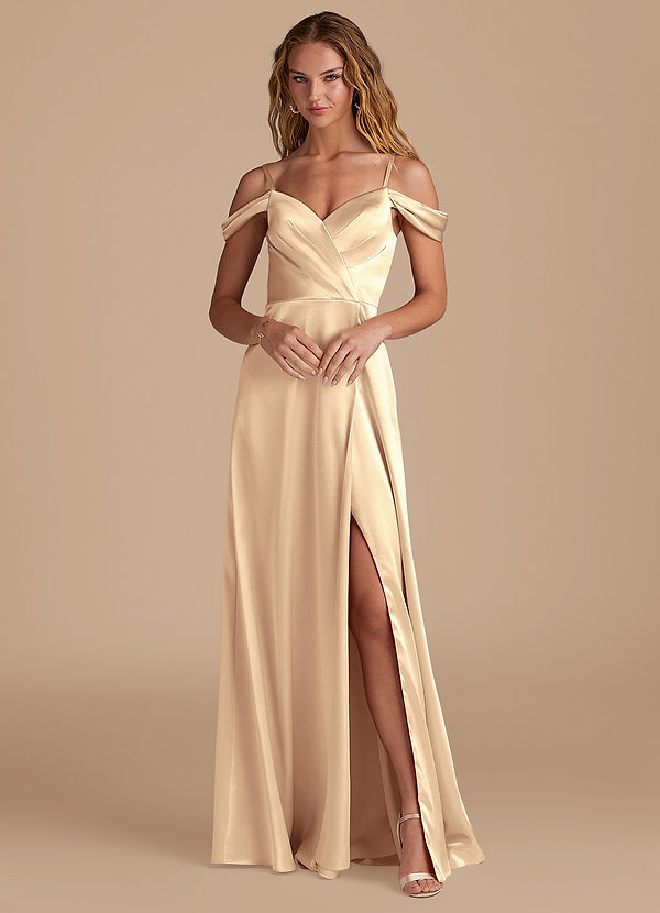 Azazie Ocean Bridesmaid Dresses Gold A-Line Off the Shoulder Metallic Satin Dress image1