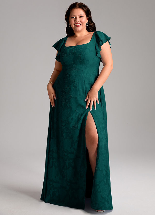 Azazie Bondi Bridesmaid Dresses Pine A-Line Side Slit Floral Burnout Dress image1