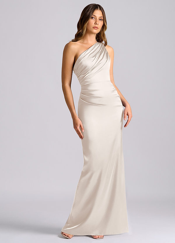 Azazie Akilah Bridesmaid Dresses White Alabaster Mermaid One Shoulder Stretch Satin Dress image1