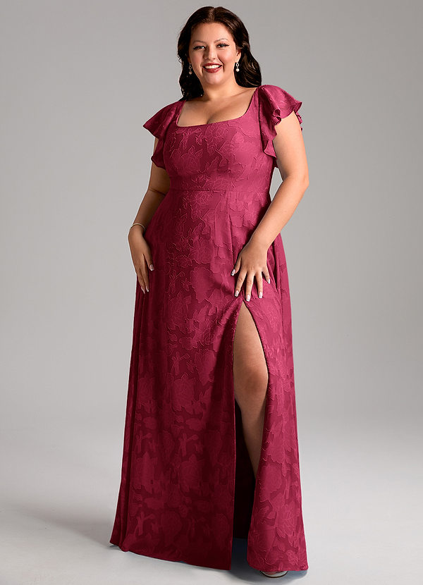 Azazie Bondi Bridesmaid Dresses Burgundy A-Line Side Slit Floral Burnout Dress image1
