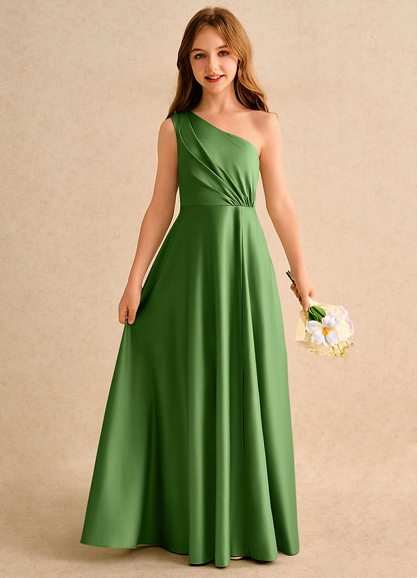 Azazie Puddles Girls Formal Flower Girl Dresses Basil A-Line One Shoulder Matte Satin Dress image1