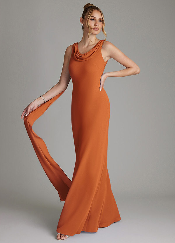 Azazie Jaya Robes Demoiselle d'honneur Robe Fourreau en Mousseline de soie Plissée Cannelle image1