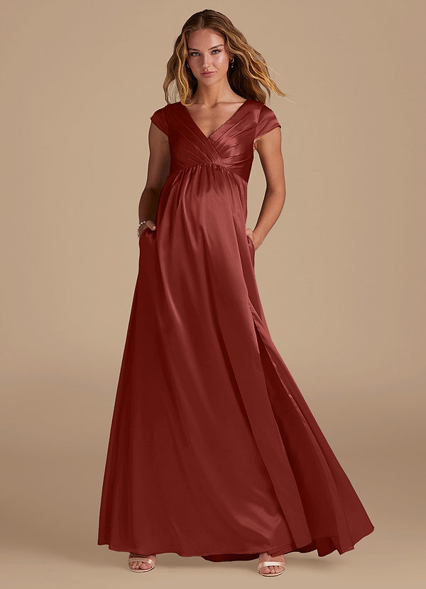 Azazie Allessia Maternity Bridesmaid Dresses A-Line Metallic Satin Floor-Length Dress image1