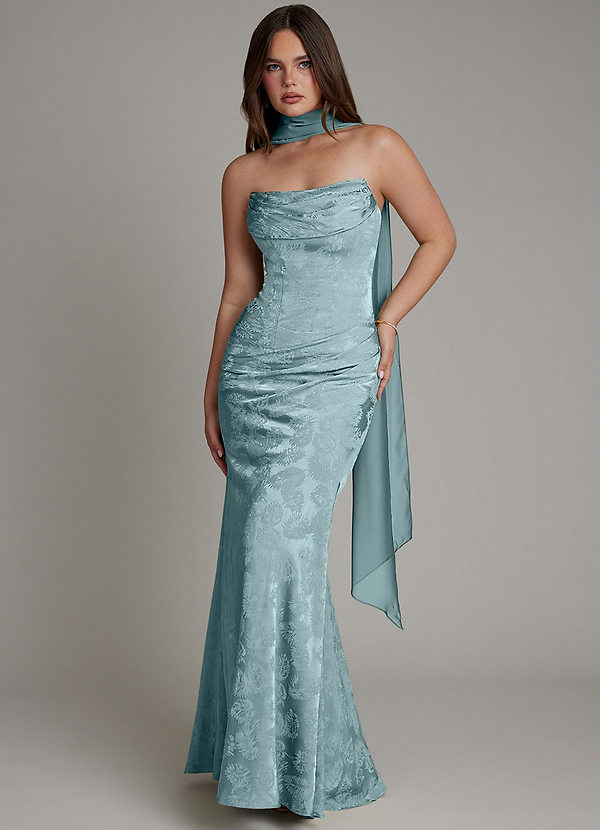 Azazie Electra 신부 들러리 드레스 인어 코르셋 플로럴 자카드 바닥 길이 드레스 image1