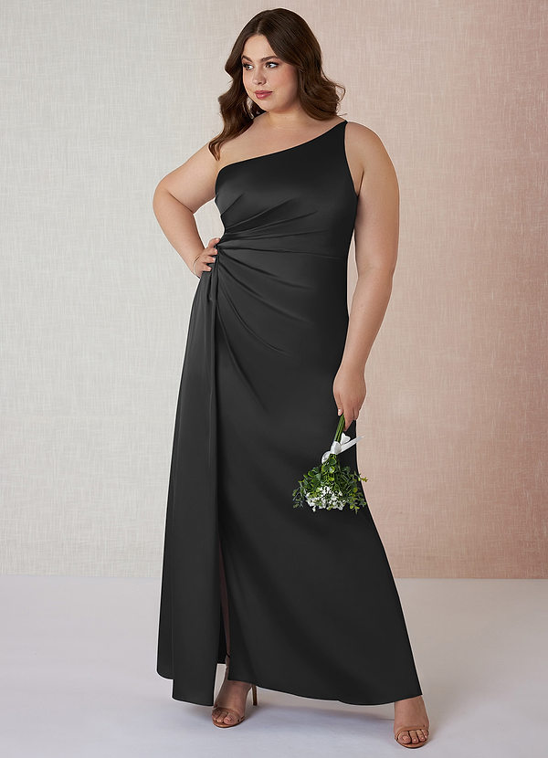 Azazie Mika Bridesmaid Dresses Black Sheath One Shoulder Stretch Satin Dress image1