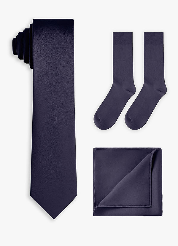 front Set coordinato di cravatta sottile in raso elasticizzato, fazzoletto da taschino e calzini