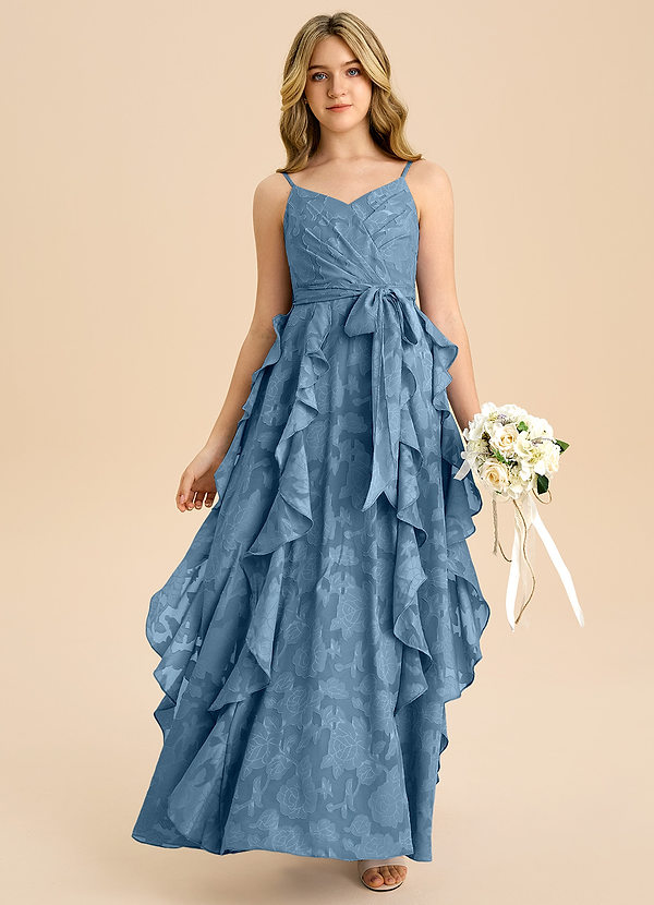 Azazie Peyton Junior Vestido de Azul Acero de Devorado Floral de Corte en A con Plisado image1