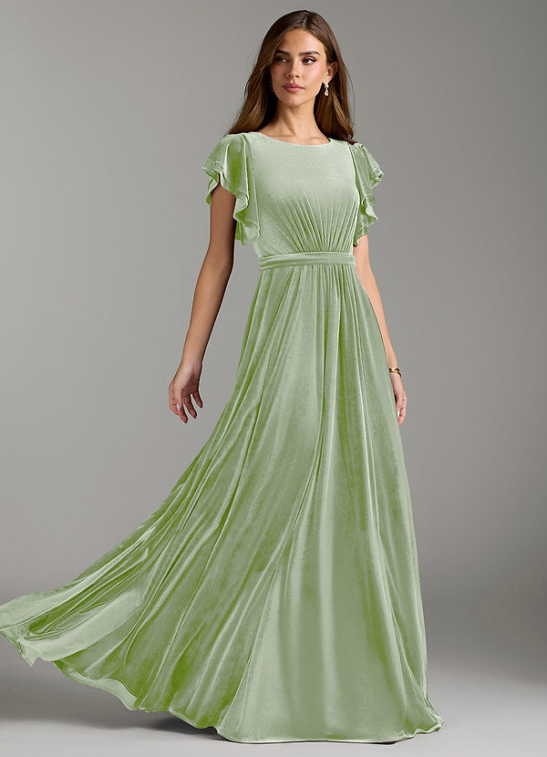 Azazie Daphne Modest Bridesmaid Dresses A-Line Velvet Floor-Length Dress with Belt image1