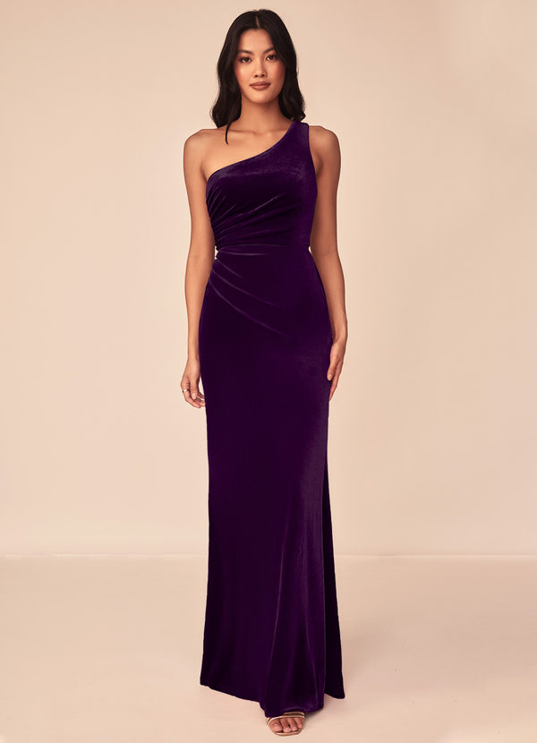 Azazie Argan Bridesmaid Dresses Grape A-Line One Shoulder Pleated Velvet Dress image1