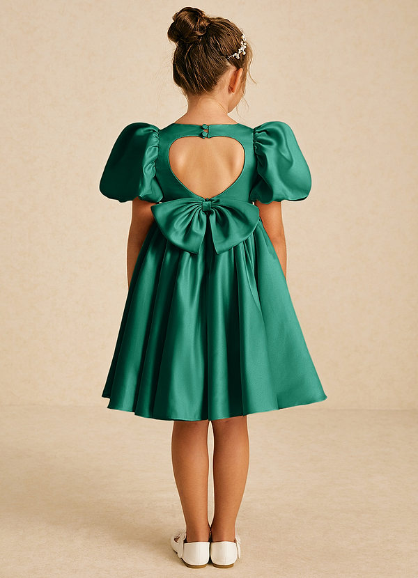 Azazie Muffin Flower Girl Dresses Emerald A-Line with Sleeves Matte Satin Dress image1