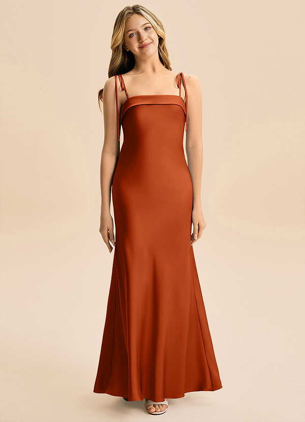 Azazie Willa Junior Vestido Naranja Quemada de Satén Elástico de Corte Sirena con Lazo image1