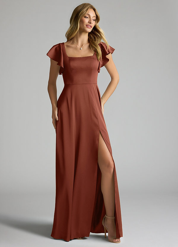 Azazie Bondi Robes Demoiselle d'honneur Robe Trapèze en Satin extensible Arc Argile image1