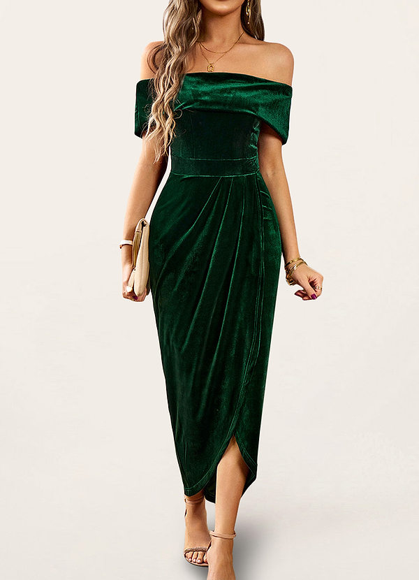 front Osprey Dark Emerald Velvet Off-The-Shoulder Tulip Dress