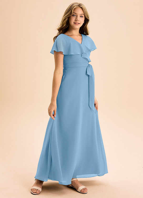 Azazie Lainey Junior Vestido de Azul Acero de Gasa de Corte En A con Con bolsillos image1