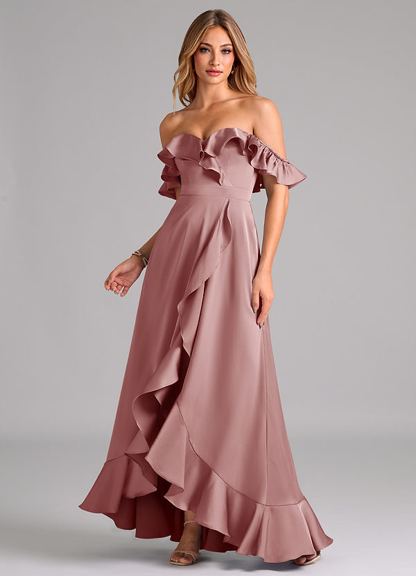 Azazie Lyra Bridesmaid Dresses Dusty Rose A-Line Off the Shoulder Stretch Satin Convertible Dress image1