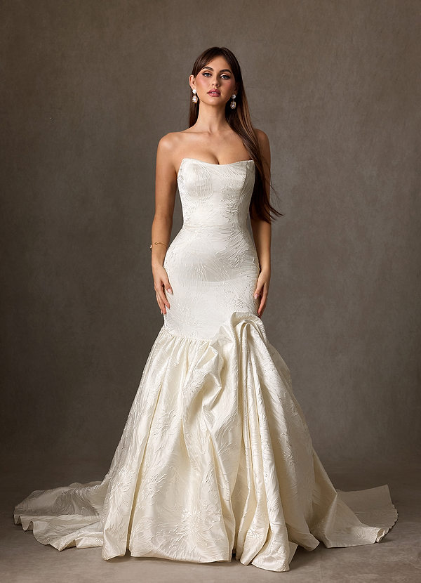 Azazie Quinta 웨딩드레스 인어 스트랩리스 플로럴 자카드 채플 트레인 드레스 image1