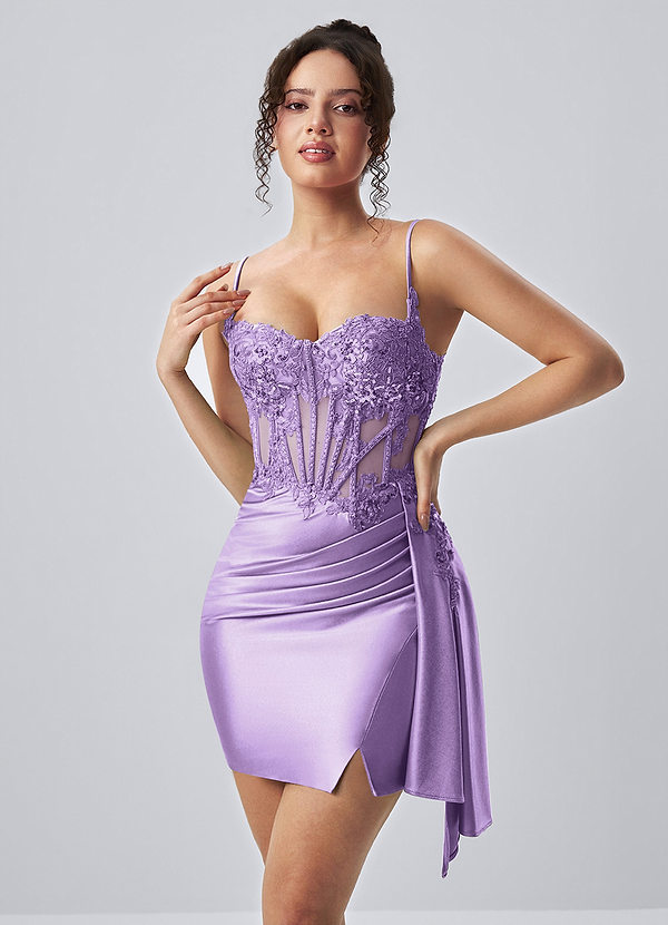 Calisthenia Purple Stretch Satin Corset Lace Rhinestones Mini Dress image1
