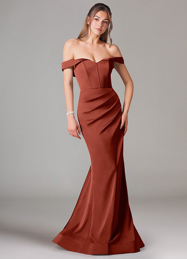 Azazie Everly Bruidsmeisjes Jurken Converteerbaar Jurk van Stretch Satijn met Zeemeermin Off the Shoulder Terracotta image1
