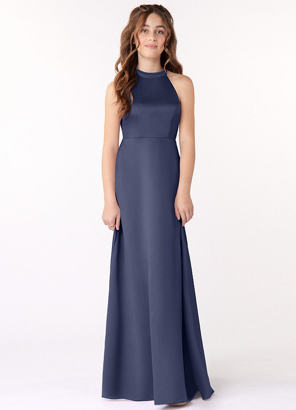 Azazie Laurel Junior Robe Trapèze en Mat Satiné Bleu Orageux image1