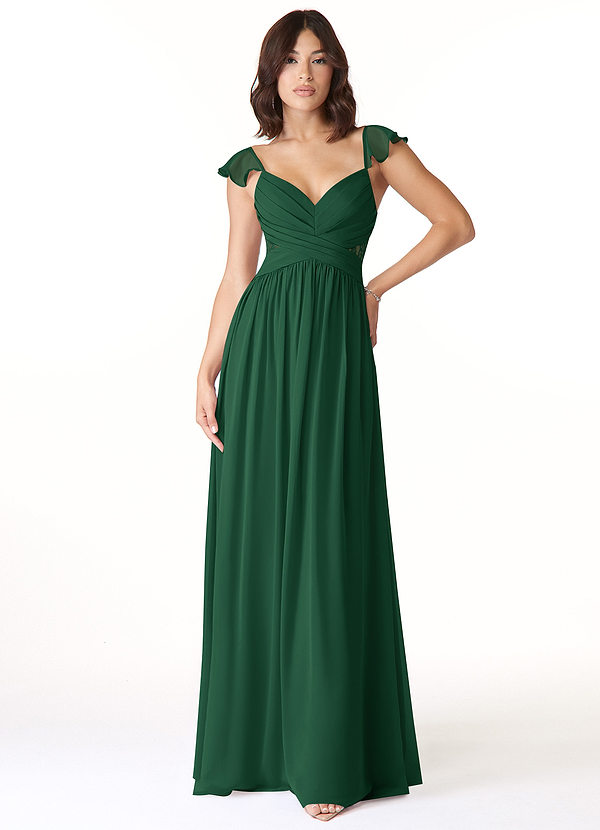 Azazie Lissa Robes Demoiselle d'honneur Robe Trapèze en Mousseline de soie Dentelle Vert Foncé image1