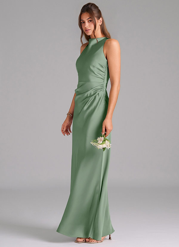 Azazie Evadne Bridesmaid Dresses Matcha Sheath Pleated Stretch Satin Dress image1