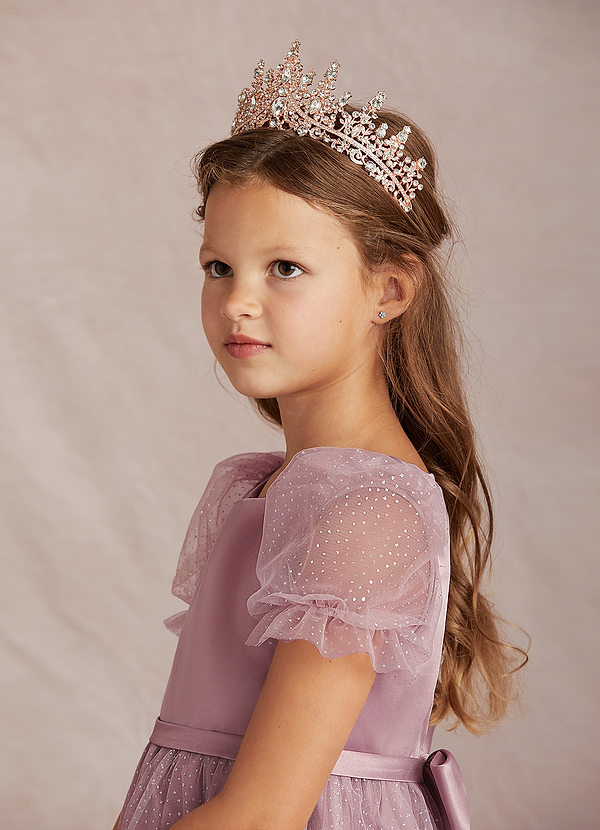 Azazie Taylie Abiti da Ragazza di Fiori Abito A-Line in tulle floccato glitterato Con Maniche Rosa Polverosa image1