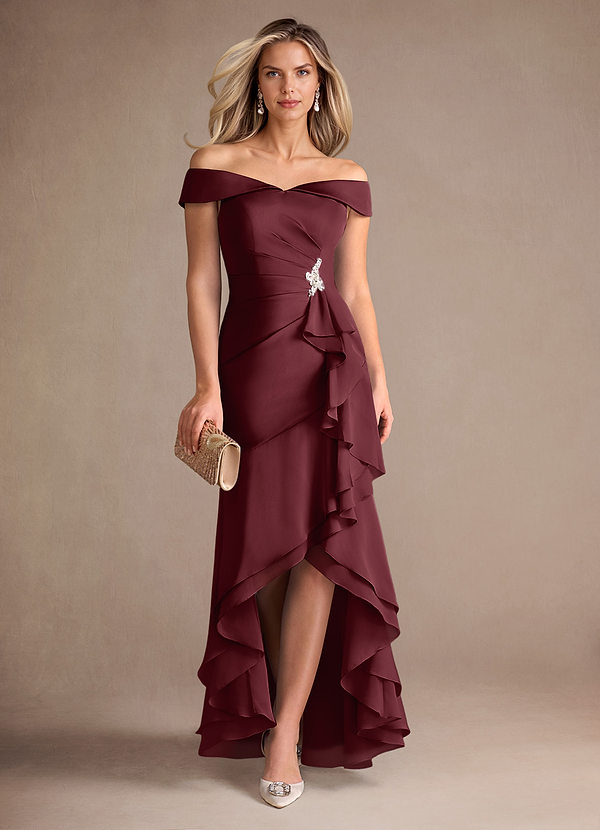 Azazie Billings Mother of the Brides Dresses Cabernet Mermaid Off the Shoulder Stretch Satin Dress image1