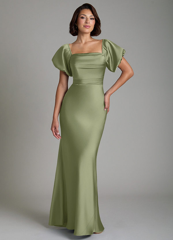 Azazie Lea Bridesmaid Dresses Garden Sage Mermaid Off the Shoulder Stretch Satin Convertible Dress image1
