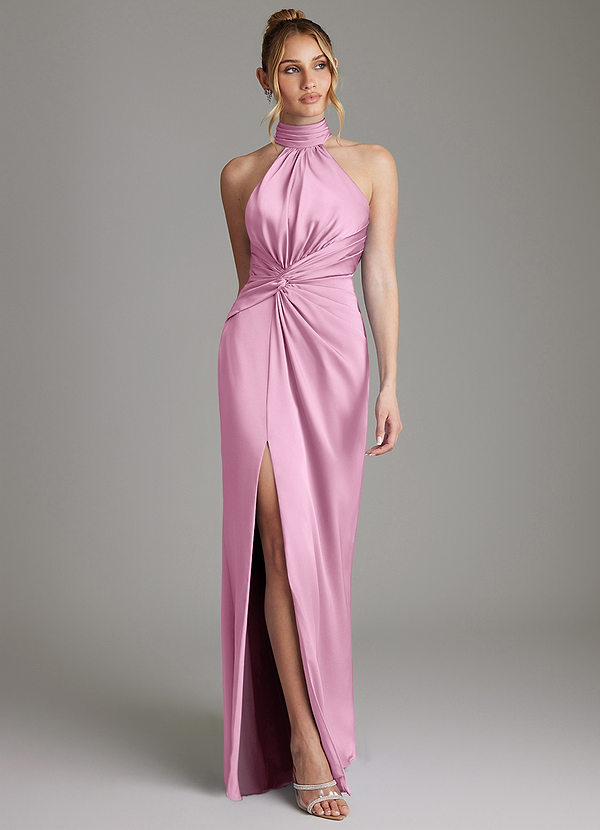 Azazie Gracelynn Bridesmaid Dresses Candy Pink Sheath Pleated Stretch Satin Dress image1