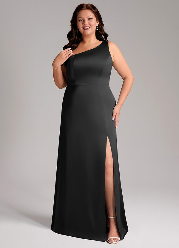 Azazie Phaedra Bruidsmeisjes Jurken Jurk van Stretch Satijn met A-Lijn One-Shoulder Zwart image1