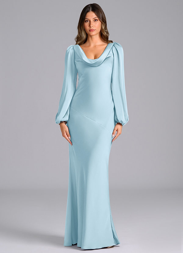 Azazie Melani Bridesmaid Dresses Sky Blue Mermaid Long Sleeve Stretch Satin Dress image1
