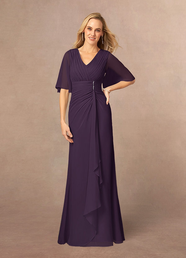 Azazie Carson Mother of the Brides Dresses Plum A-Line V-Neck Lace Chiffon Dress image1