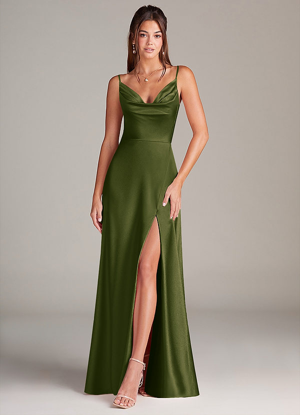 Azazie Sarella Brautjungfernkleider A-Linie Plissee Stretch-Satin Kleid Helles Olivgrün image1