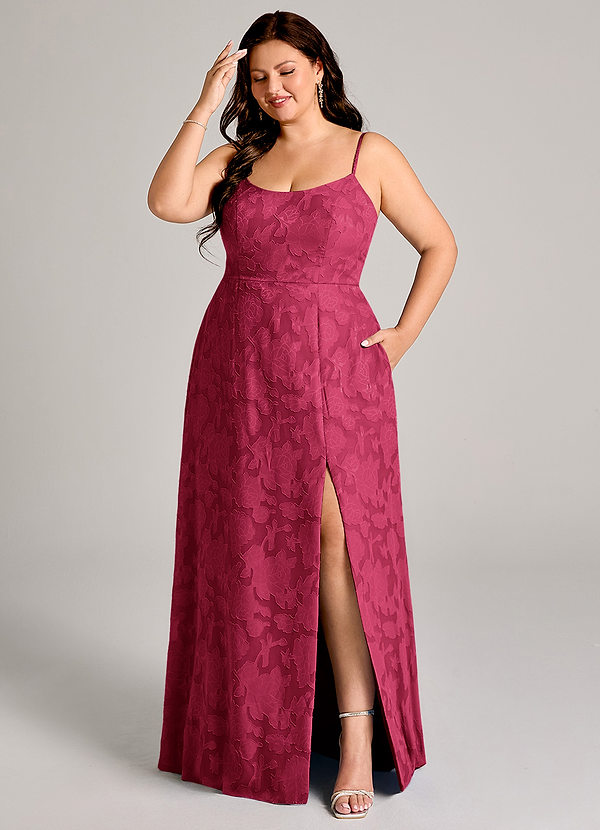 Azazie Moira Bridesmaid Dresses Burgundy A-Line Side Slit Floral Burnout Dress image1