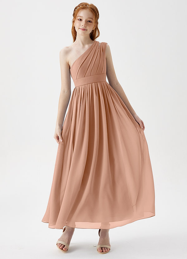 Azazie Anissa Junior Abito A-Line in Chiffon Plissettato Champagne Rosa image1