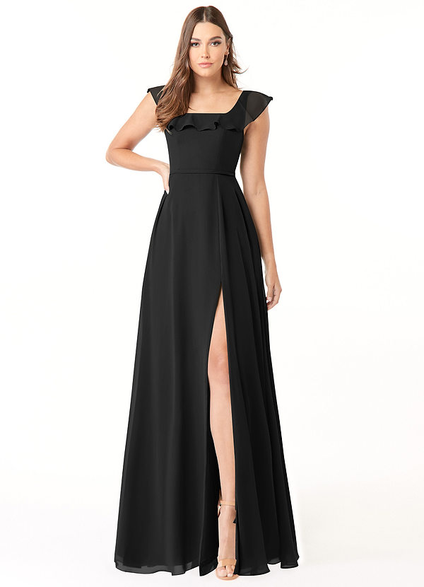 Azazie Jinny Bridesmaid Dresses Black A-Line Square Neckline Ruched Chiffon Dress image1