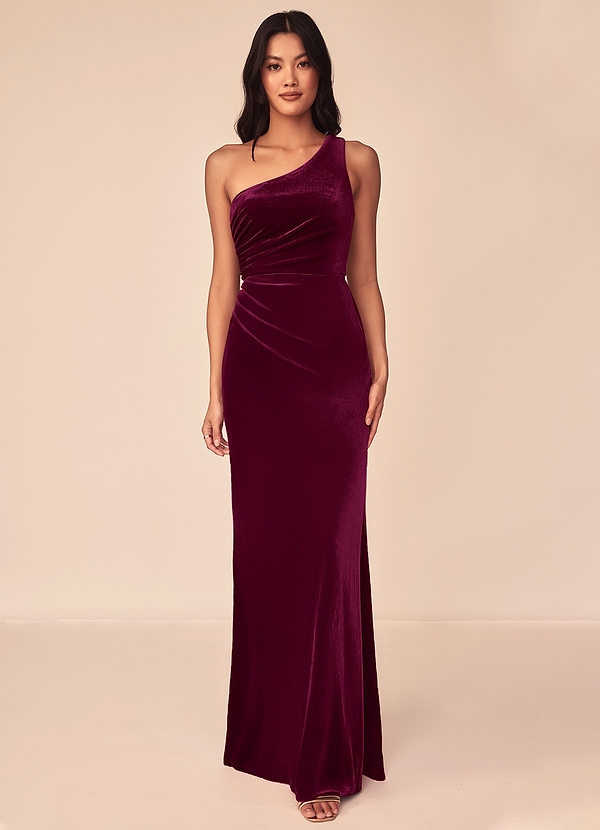 Azazie Argan Bridesmaid Dresses Cabernet A-Line One Shoulder Pleated Velvet Dress image1