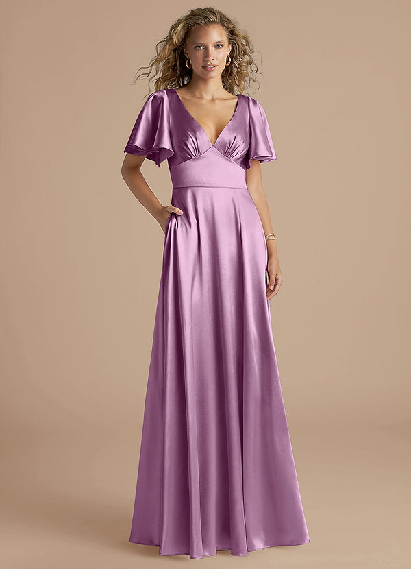 Azazie Kimber Bridesmaid Dresses Wisteria A-Line Ruched Metallic Satin Dress image1