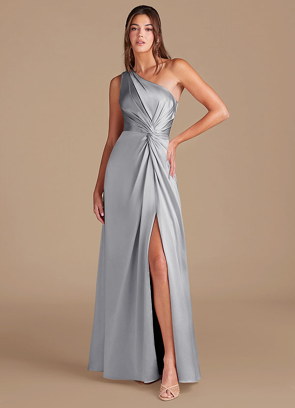 Azazie Brooke Bridesmaid Dresses Silver A-Line One Shoulder Metallic Satin Dress image1
