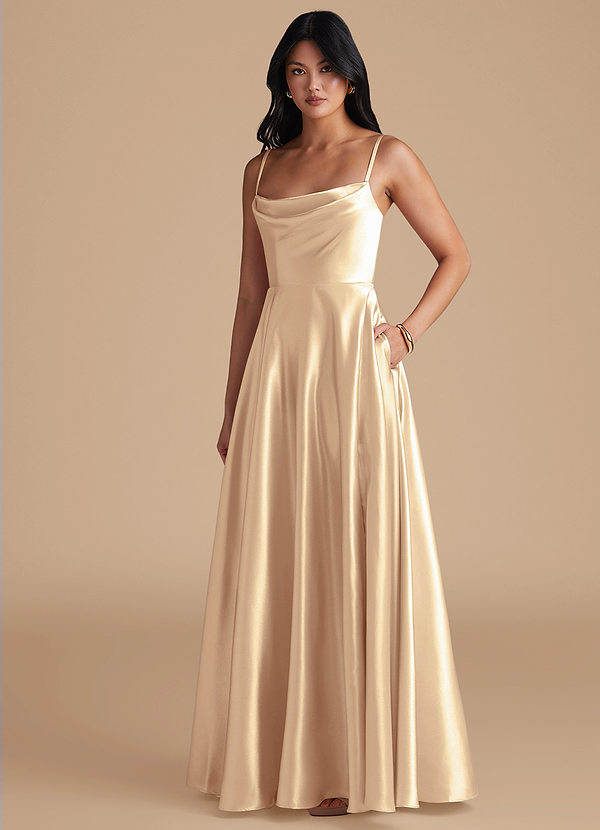 Azazie Elle Bridesmaid Dresses Gold A-Line with Pockets Metallic Satin Dress image1