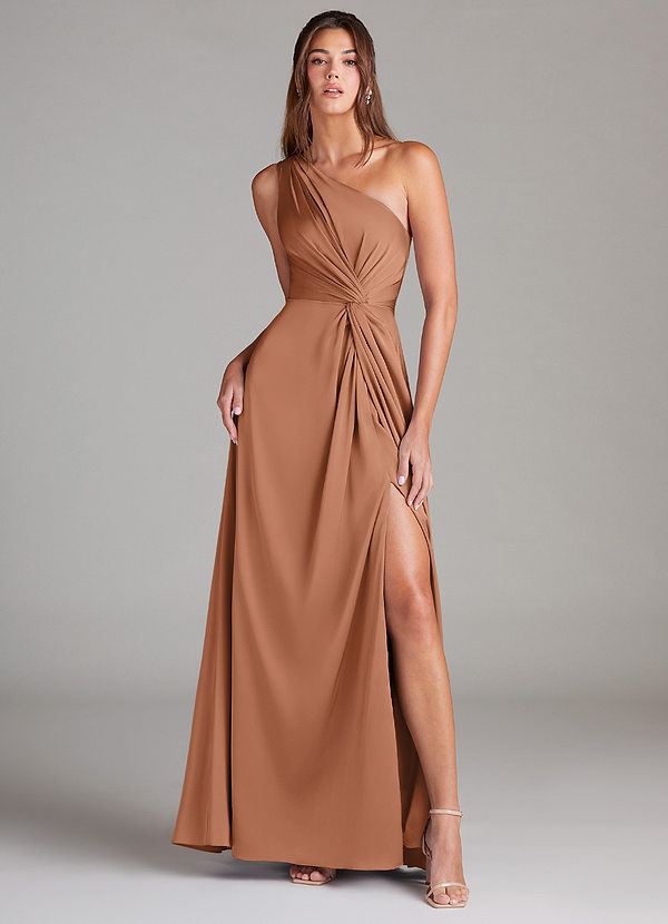 Azazie Brooke Robes Demoiselle d'honneur Robe Trapèze en Satin extensible Ue épaule Bronze image1