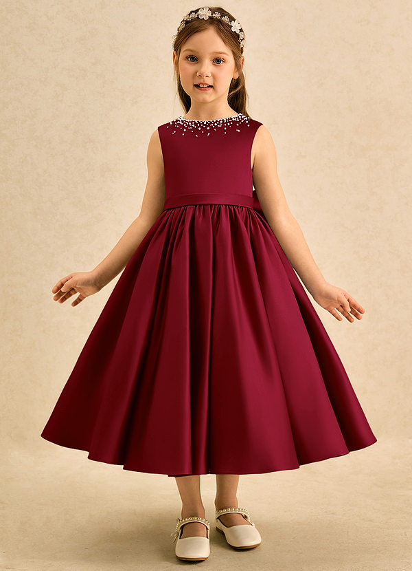 Azazie Doodle Flower Girl Dresses Burgundy Ball-Gown Bow Matte Satin Dress image1