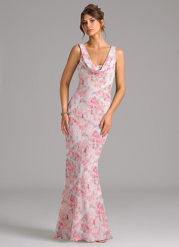 Azazie Rylina Bridesmaid Dresses Abstract Watercolor Floral Mermaid Pleated Chiffon Dress image1