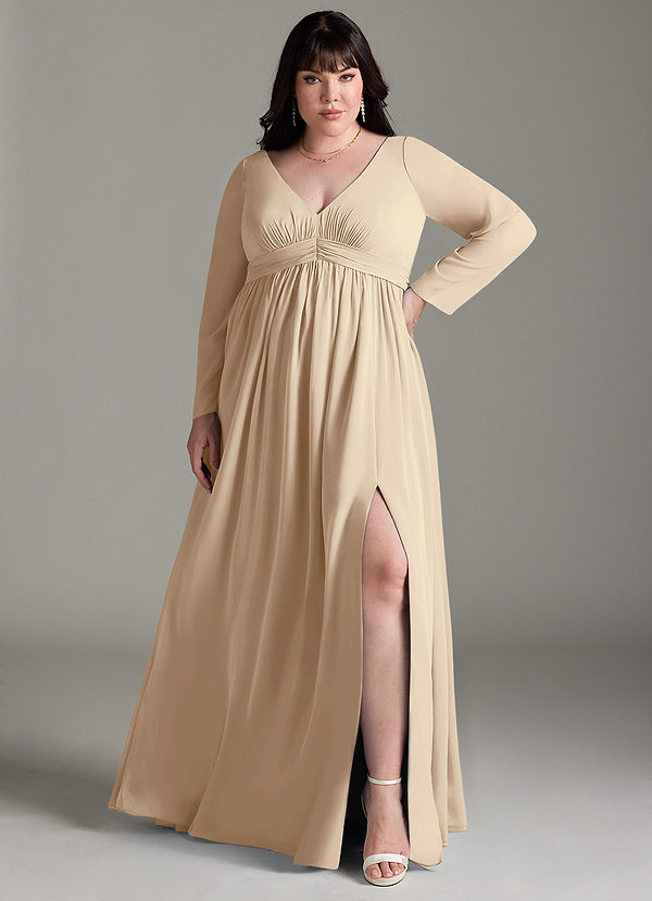 Azazie Teton Brautjungfernkleider für Schwangere A-Linie Langarm Chiffon Bodenlänge Kleid image1