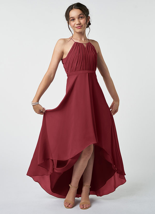 Azazie Oaklynn Junior Robe Trapèze en Mousseline de soie Plissée Merlot image1