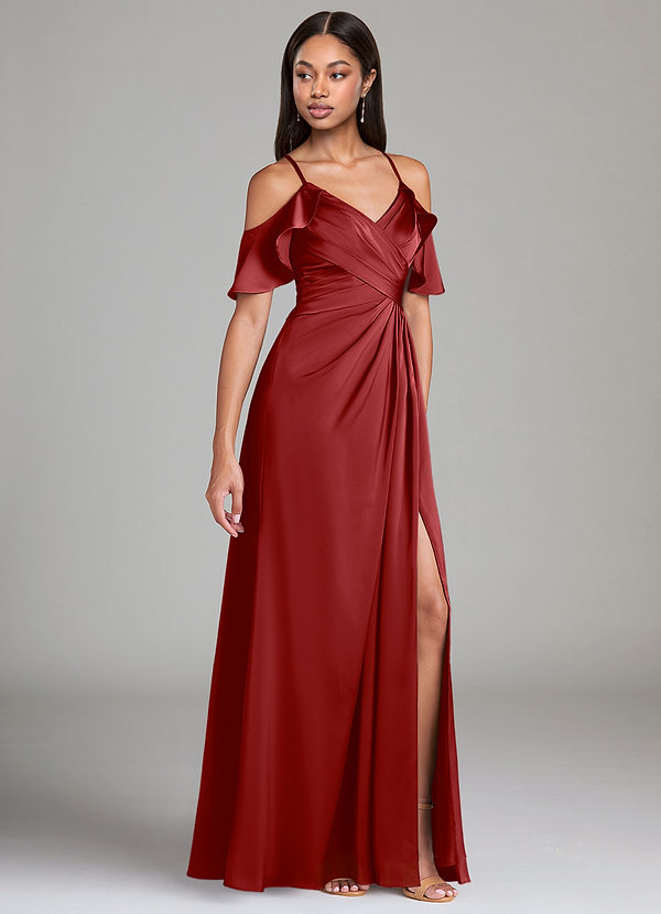 Azazie Dakota Brautjungfernkleider A-Linie Schulterfrei Stretch-Satin Kleid Granatapfelrot image1