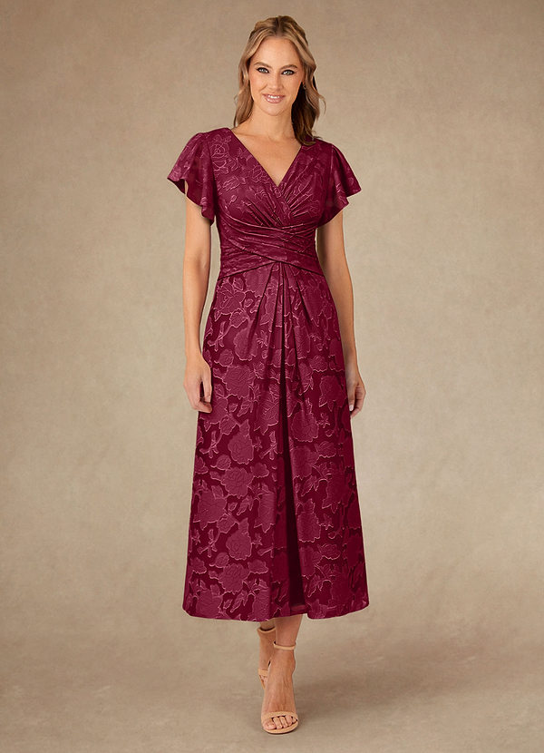 Azazie Vera Vestidos de Madre de la Novia Vestido de Borgoña de Devorado Floral de Corte En A con Plisado image1